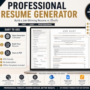 May include: A laptop displaying a professional resume generator interface with text headers including Professional Resume Generator, Easy to Use, and Works in Any Browser. The screen shows a resume template for Ann Hart with sections for summary, experience, and education.