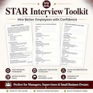 Może przedstawiać: Zestaw narzędzi do rozmów kwalifikacyjnych STAR zawierający trzy białe dokumenty zatytułowane Work Standards, Candidate Evaluation Scorecard oraz Hiring Recommendation Form. Układ zawiera nagłówki, wypunktowania i pola wyboru.