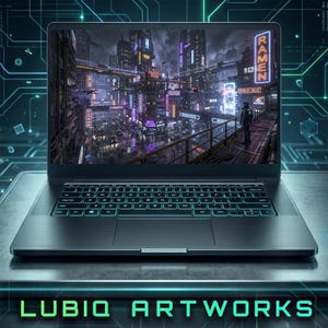 Pode incluir: Um laptop preto exibe uma paisagem urbana futurista com letreiros de néon e uma figura em uma passarela. O teclado tem retroiluminação turquesa. O texto "LUBIQ ARTWORKS" é exibido na parte inferior do laptop.