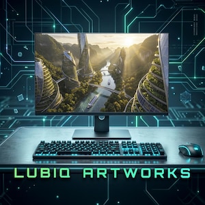 May include: A computer setup featuring a large monitor displaying a futuristic cityscape with tall, spiraling buildings. A black keyboard and mouse are in front of the monitor. The text "LUBIO ARTWORKS" is at the bottom.
