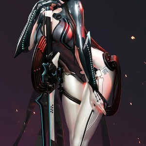 Puede incluir: Una estatua RavenBoss Stellar Blade a escala 1/4 de Hyperspace Studio, H57cm A18cm P25cm. La figura tiene cabello largo oscuro, un traje negro y blanco con detalles azules y una espada grande. El texto incluye RavenBoss, Stellar Blade y EVE.