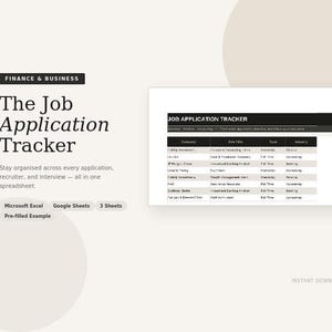 May include: A digital job application tracker spreadsheet with a black header and a table displaying company, role title, type, and industry. The text "Finance & Business" and "The Job Application Tracker" are also visible.