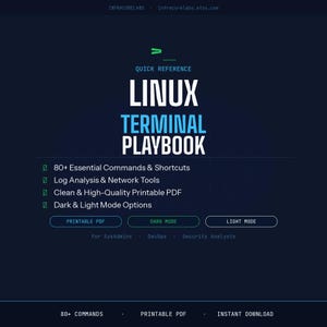 以下が含まれることがあります： ダークブルーの背景に表示されたLinux Terminal Playbookのクイックリファレンスガイド。テキストには、80+ Essential Commands & Shortcuts、Log Analysis & Network Tools、およびPrintable PDF、Dark Mode、Light Modeのオプションが含まれています。