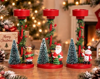 Castiçal de Natal, Decoração de Natal com Papai Noel, Rena e Boneco de Neve, Enfeite de Mesa em Resina, Centro de Mesa Natalino, Decoração Festiva para Casa
