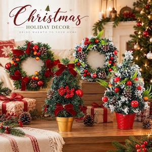 Mini Christmas Tree Decor, Tabletop Christmas Tree, Artificial Xmas Tree With Bows And Berries, Small Holiday Home Decoration