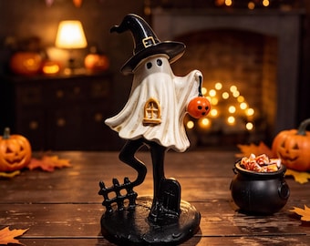 Halloween Ghost Cat Figurine, Cute Pumpkin Ghost Decor, Resin Halloween Statue, Spooky Fall Home Decoration, Party Table Decor