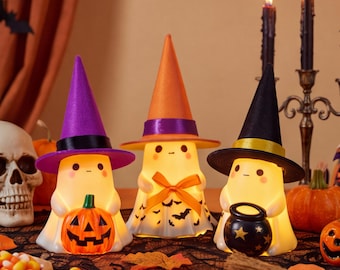Verlichte Halloween-spookdecoratie, spookbeeldje van hars, schattige griezelige buitendecoratie, spookdecoratie met heksenhoed voor in de tuin, accent voor de veranda