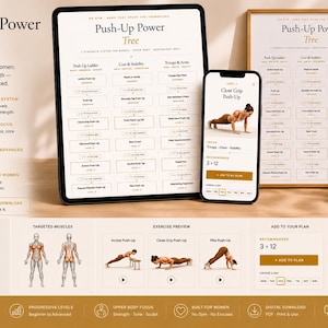 Puede incluir: Un plan de fitness digital titulado "Push-Up Power Tree" se muestra en una tableta, un teléfono y una impresión enmarcada. El plan se centra en desarrollar la fuerza de la parte superior del cuerpo con niveles progresivos. La imagen incluye vistas previas de ejercicios y diagramas de los músculos objetivo.