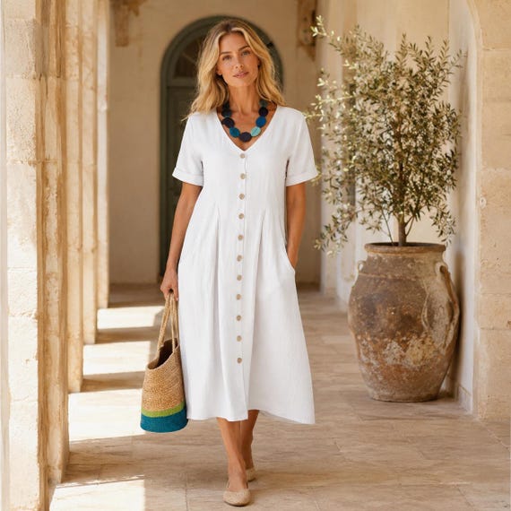 a line button down midi dress Linen Button-front Dress, V-neck Women Casual A-line Short Sleeve Light Blue Prom Dress, Spring Wedding Dresses US Size:26 Buttoned front