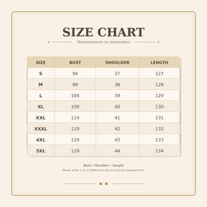 May include: A beige size chart table with dark brown text titled SIZE CHART. It lists sizes from S to 5XL with corresponding bust, shoulder, and length measurements in centimeters. A note at the bottom states to allow 1-3 cm for manual measurement.