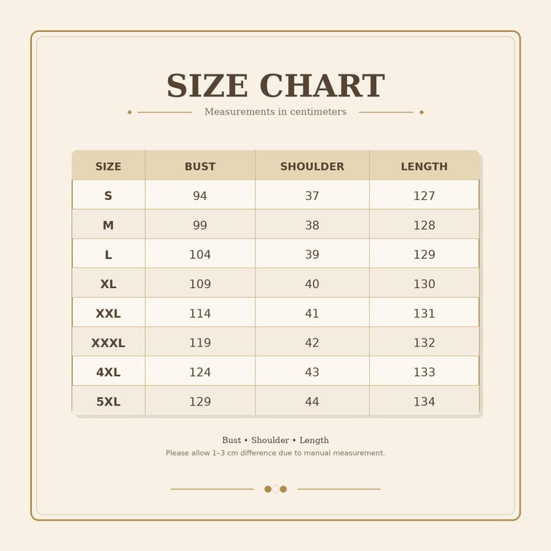 May include: A beige size chart table with dark brown text titled SIZE CHART. It lists sizes from S to 5XL with corresponding bust, shoulder, and length measurements in centimeters. A note at the bottom states to allow 1-3 cm for manual measurement.