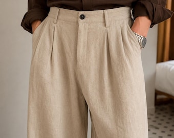 Men’s Linen Pants, Wide Leg Relaxed Fit Summer Trousers