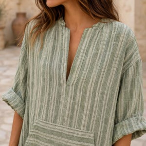 Cotton Linen Blend Maxi Dress for Women, Oversized Summer Dress, Loose Fit Casual Dress, Breathable Boho Long Dress, Short Sleeve Minimalist Green
