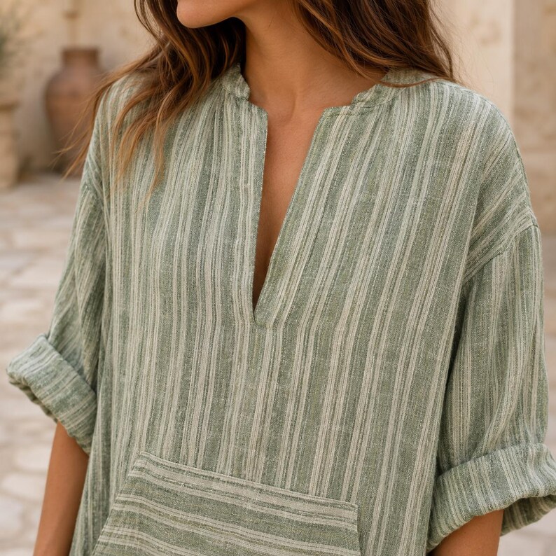 Cotton Linen Blend Maxi Dress for Women, Oversized Summer Dress, Loose Fit Casual Dress, Breathable Boho Long Dress, Short Sleeve Minimalist Green