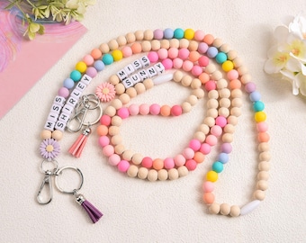 Personalized Boho Teacher Lanyard, Personalized Lanyard, Skin-friendly silicone beads, Badge Holder, Teacher Gift, ID Badge