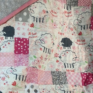 Baby girl quilt,  handmade patchwork quilt, off sheep print with pink and gray patches - modern quilt: 38" by 46"