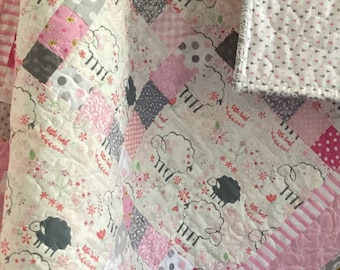 Baby girl quilt,  handmade patchwork quilt, off white lamb print with pink and gray patches - modern quilt: 36" by 46"