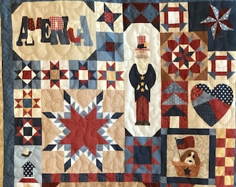 Patriotic décor: Americana sampler quilt - couch throw, lap quilt   42” by 57"