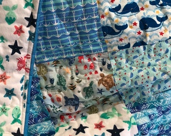 Baby Oceania patchwork quilt- sea turtles, whale and nautical prints, suitable for girl or boy nursery