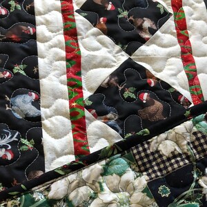 Christmas table runner- quilted, fun holiday chickens reverses to green patchwork print