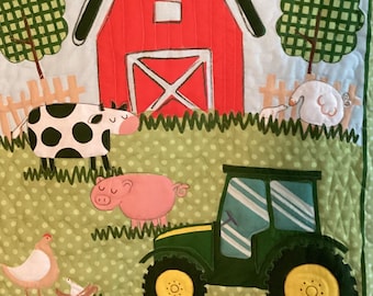 Baby quilt, John Deer tractor farm quilt backing pale blue horse print