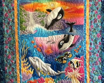 Sea World quilt -couch throw with soft  aqua sea turtle flannel backing -couch throw or gender neutral kids quilt