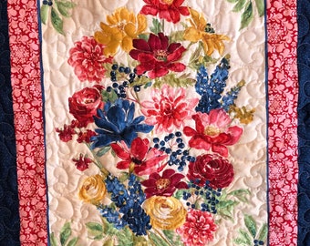 Bright floral Lap quilt- mixed flowers in deep blues and bright pinks - Cozy couch throw with Minky backing -cottage decor