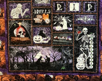 Halloween quilt- glow in the dark scary lap quilt, Hocus Pocus witches,  goblins, skulls - Halloween décor- couch throw or wall  hanging