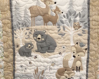 Modern Baby or toddler quilt  - woodland theme in white, greys and beige- bears and fox crib quilt, 36.5" by 50"