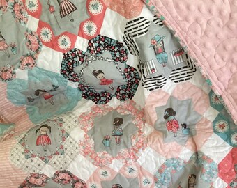 Baby quilt, shabby chic cuddle quilt: 41" x 51"- toddler/baby sized, pink and grey with minky backing