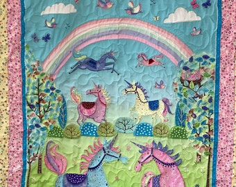 Baby or toddler quilt, Unicorns and rainbows quilt - baby or toddler blanket, 42" by 50"