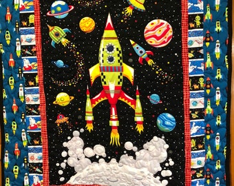 Baby/Toddler space , rocket ships quilt - outer space rockets and planets - large cozy quilt with soft red Minky backing - 40" by 54"