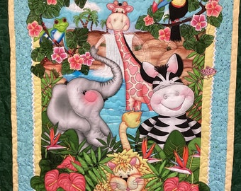 Jungle animal quilt with colorful animals,  cozy blanket with pale grey flannel  backing, 41" by 48" for baby or toddler