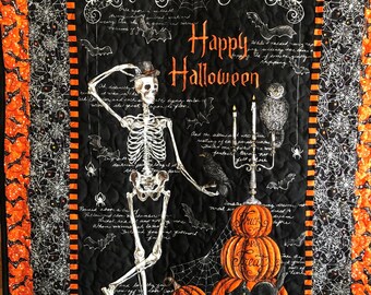 Halloween quilt Skeleton, pumpkins, black cat with soft flannel backing- cozy couch throw, Halloween décor