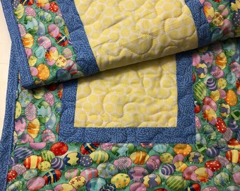 Quilted  Easter table runner,  reversible to pastel print 36" by 15"