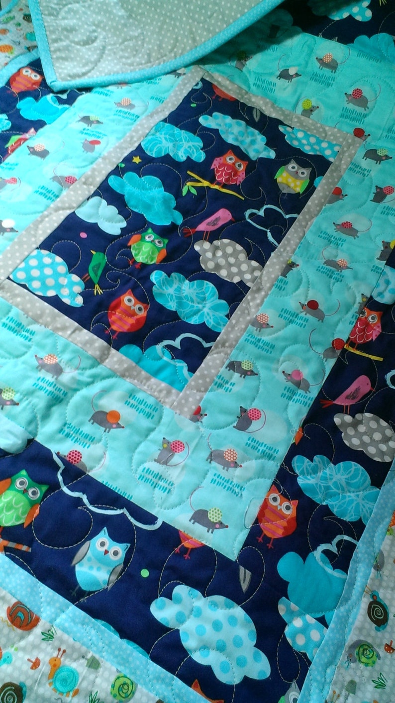 Modern Baby Quilt. Owl Blanket in Navy Grey and Aqua. Baby Etsy