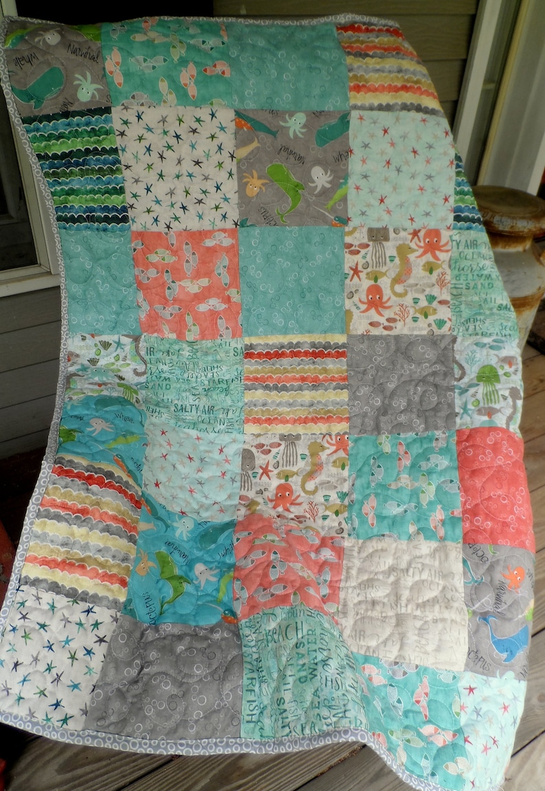 coastal couch throw unisex baby patchwork quilt toddler nautical cuddle blanket pastel aqua grey and coral quilt Nautical baby quilt