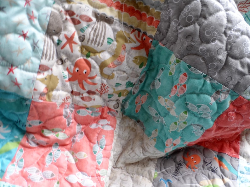 coastal couch throw unisex baby patchwork quilt toddler nautical cuddle blanket pastel aqua grey and coral quilt Nautical baby quilt