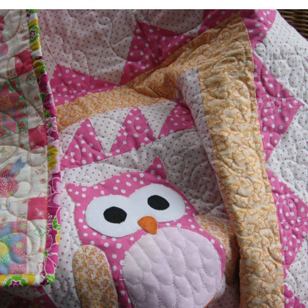 Handmade baby quilt,  pink and white girls quilt, owl nursery decor, crib bedding