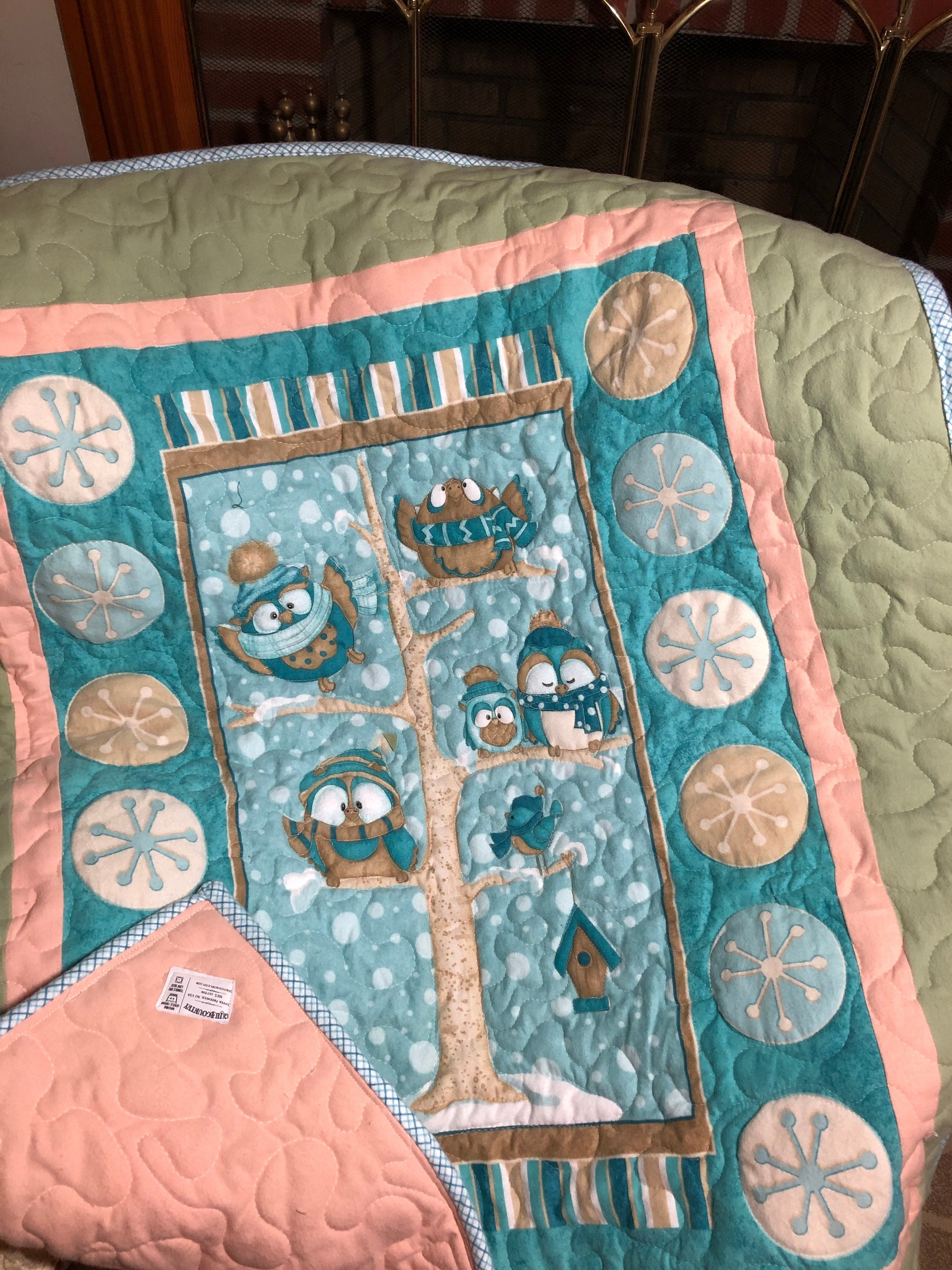 Baby owl quilt; pale blue, green and coral soft flannel.  cozy baby blanket