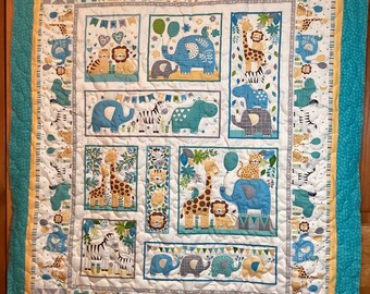 Baby boy jungle quilt with blue minky backing, toddler jungle animal quilt- 41" by 48"