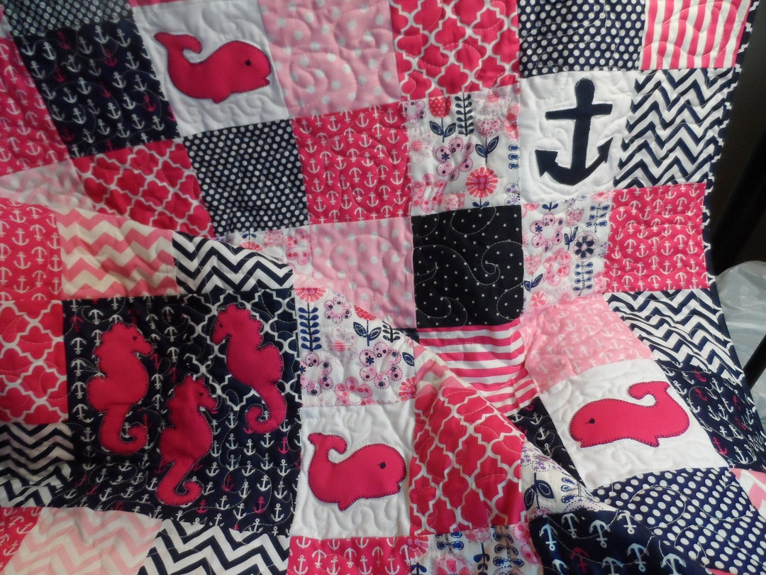 Baby Quilt Set Nautical Theme for Girls Nursery Includes OOAK Patchwork Blanket and Matching