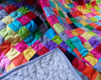 Baby quilt, Handmade set: patchwork quilt and pillow,  gray cuddle dot backing, rainbow quilt