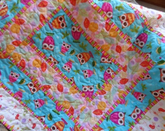 Handmade baby girl owl quilt,  aqua and pink crib blanket