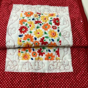 quilted  table runner,  bright summer flowers, reversible - 16&quot; by 30&quot;