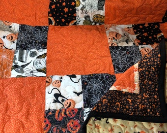 Handmade  Halloween quilt - patchwork kids cuddle blanket- flannel backing