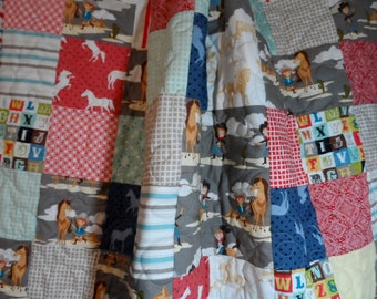 Baby quilt - Horse themed kids OOAK Patchwork throw: 40" by 48" in grey, blues and red patchwork - one of a kind