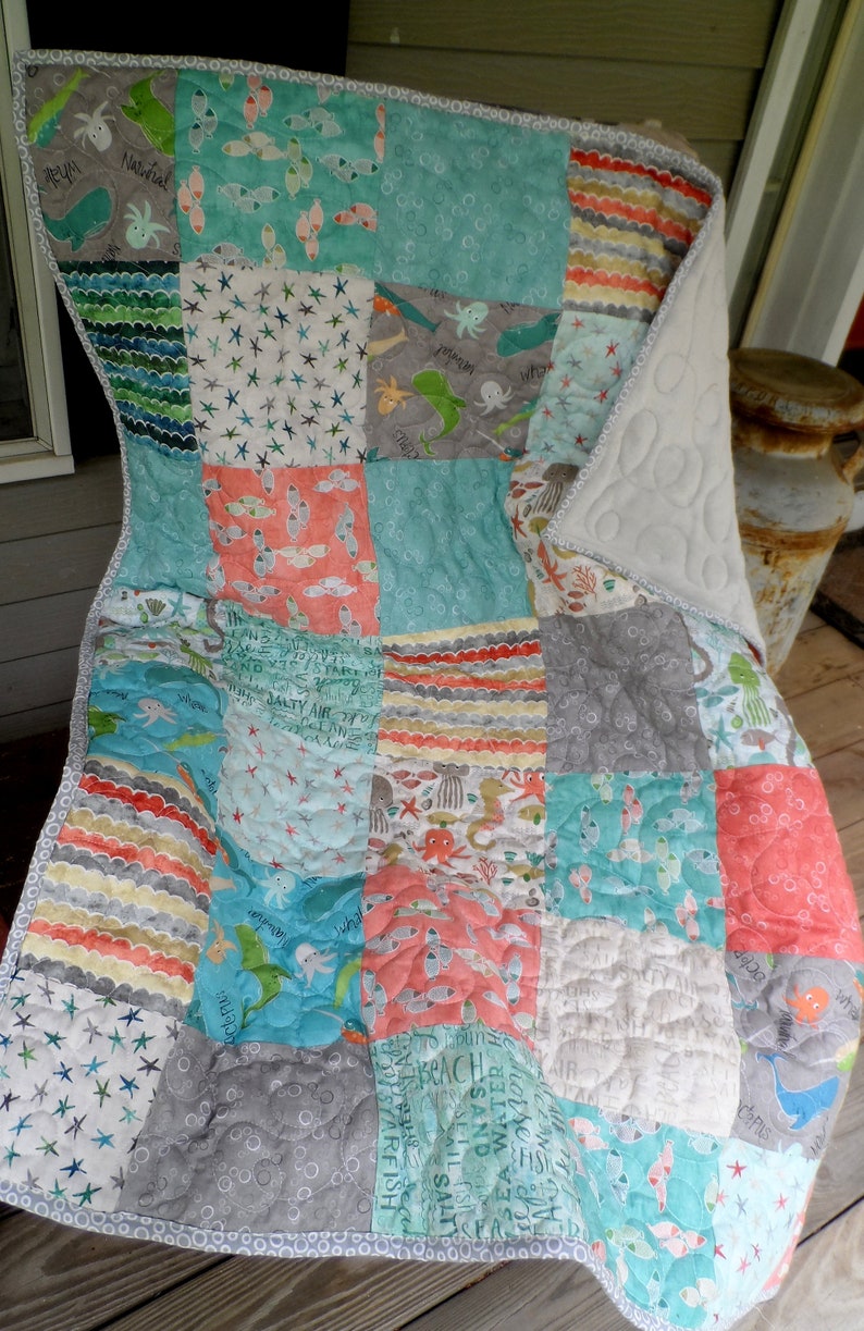 coastal couch throw unisex baby patchwork quilt toddler nautical cuddle blanket pastel aqua grey and coral quilt Nautical baby quilt