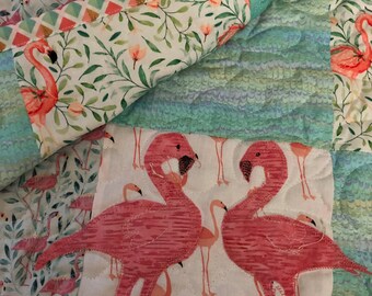 Pastel Flamingo quilt, Lap quilt, couch throw or baby quilt.