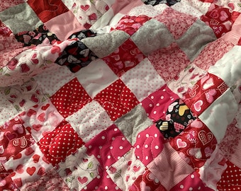 Red and white heart Patchwork quilt, Baby blanket or lap quilt 35" by 41"  cozy Minky back